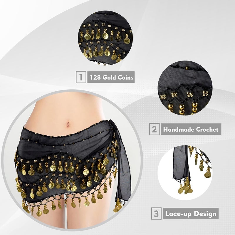 MOLFUJ Belly Dance Hip Scarf with 128 Gold Coins, Belly Dancer Belt Scarf Skirt for Women - Image 3
